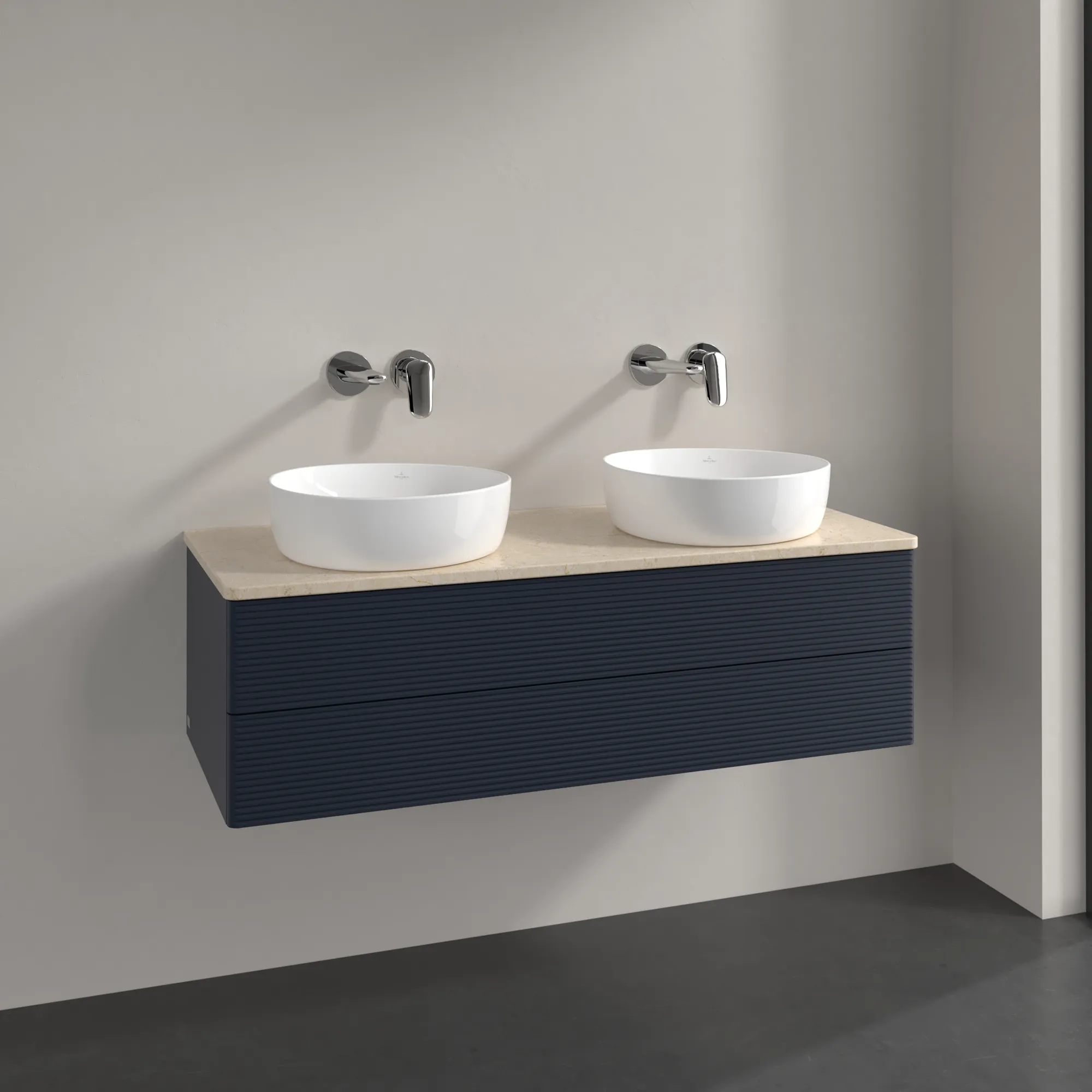 Bild von VILLEROY BOCH Antao Waschbeckenunterschrank, 2 Auszüge, 1200 x 360 x 500 mm, Front mit Struktur, Midnight Blue Matt Lacquer / Botticino #K24113HG