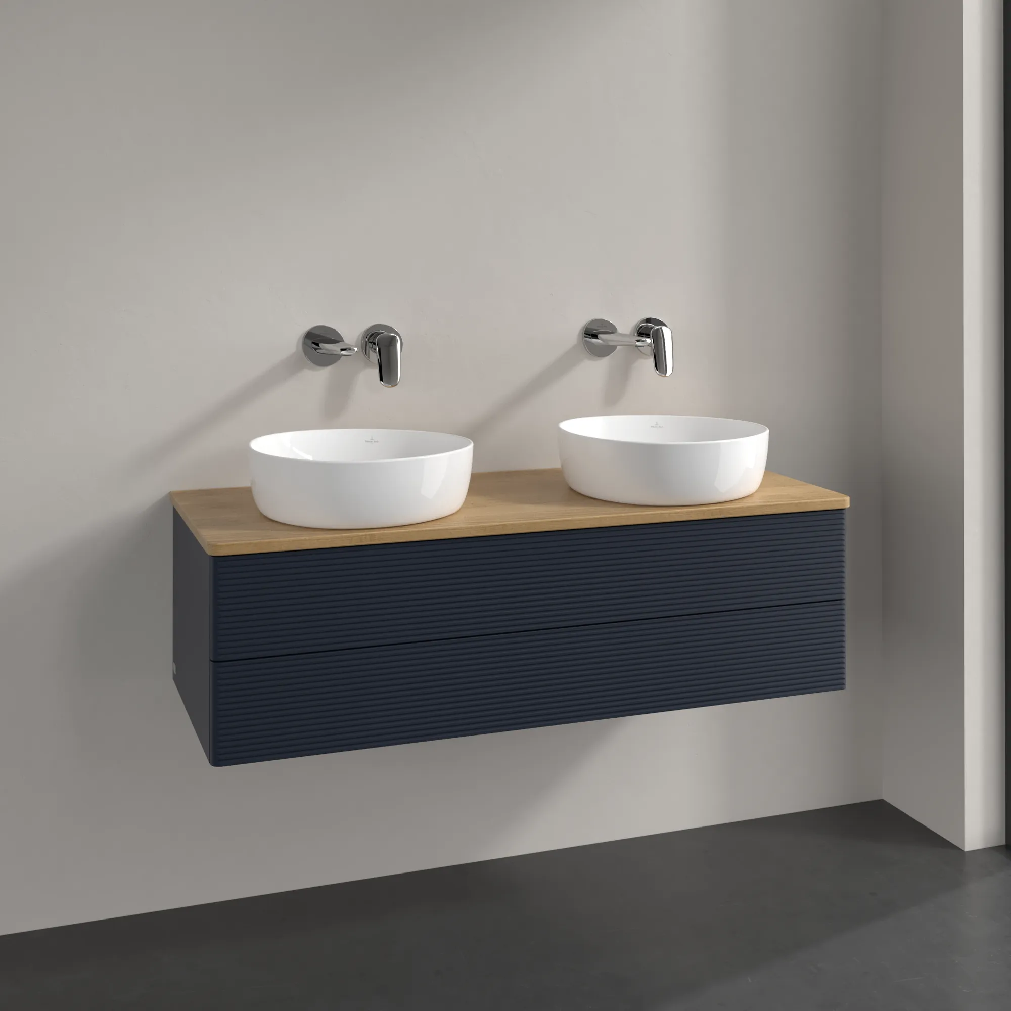 Bild von VILLEROY BOCH Antao Waschbeckenunterschrank, 2 Auszüge, 1200 x 360 x 500 mm, Front mit Struktur, Midnight Blue Matt Lacquer / Honey Oak #K24111HG