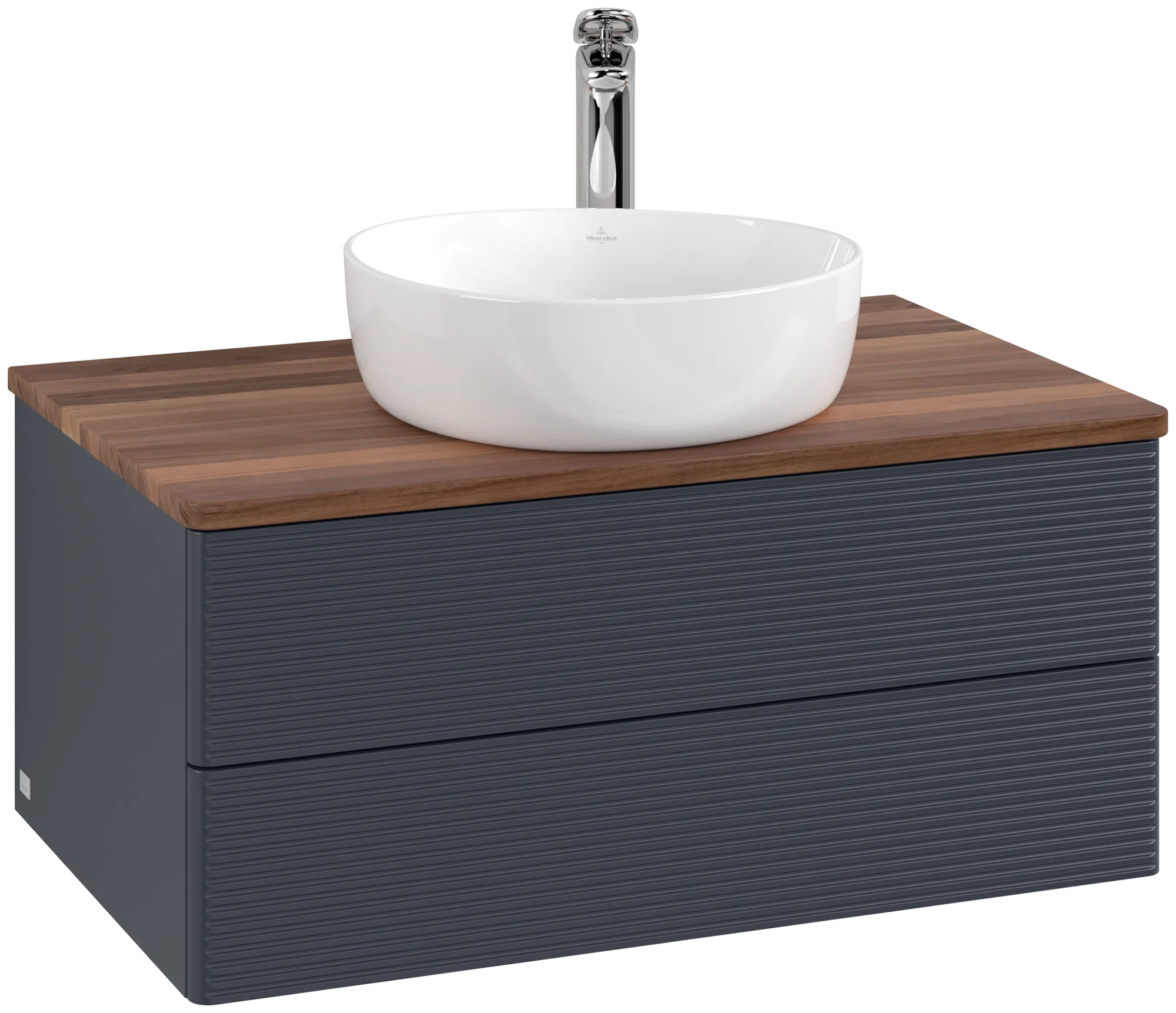 Bild von VILLEROY BOCH Antao Waschbeckenunterschrank, mit Beleuchtung, 2 Auszüge, 800 x 360 x 500 mm, Front mit Struktur, Midnight Blue Matt Lacquer / Warm Walnut #L19152HG