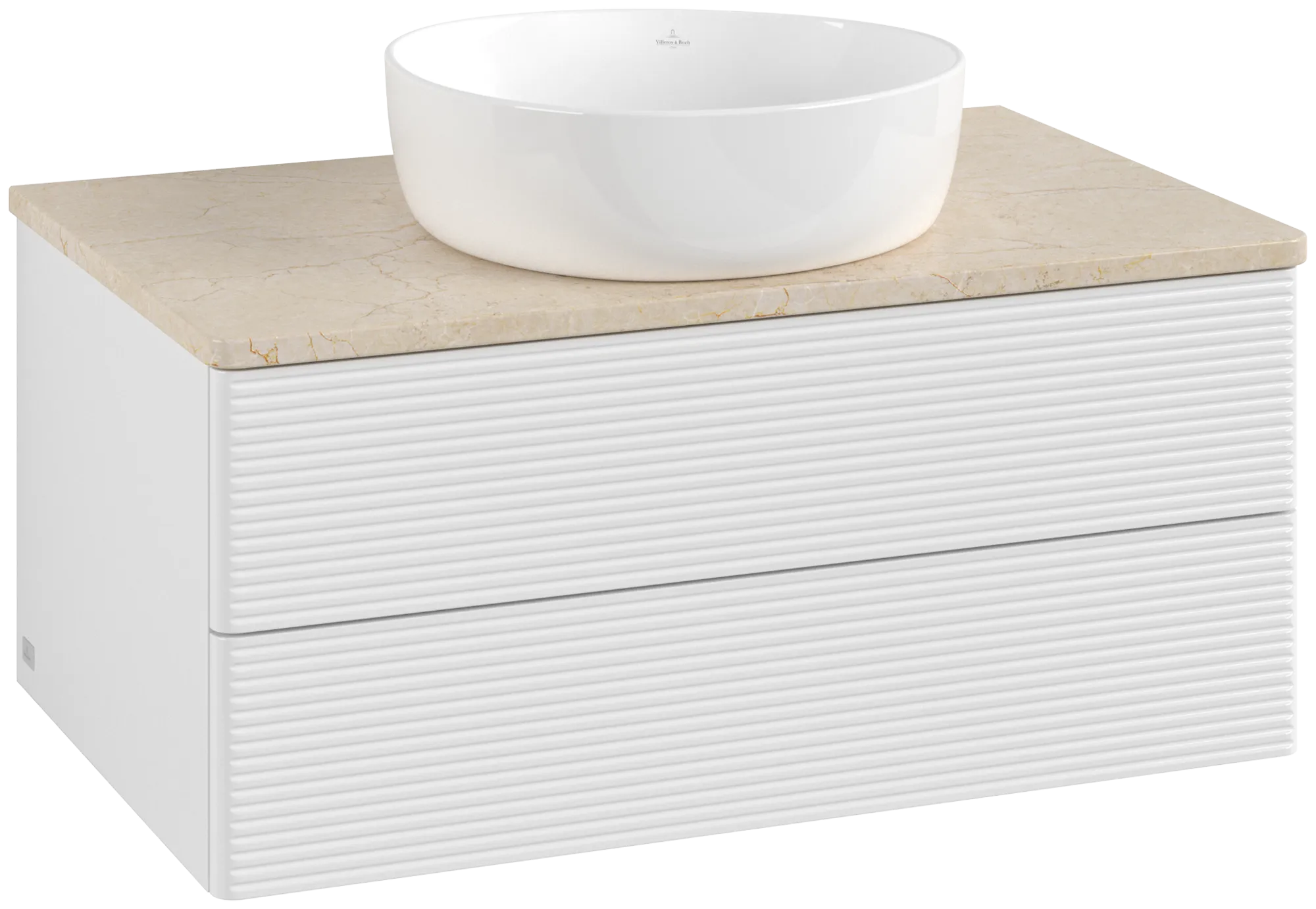 Bild von VILLEROY BOCH Antao Waschbeckenunterschrank, mit Beleuchtung, 2 Auszüge, 800 x 360 x 500 mm, Front mit Struktur, Glossy White Lacquer / Botticino #L19113GF