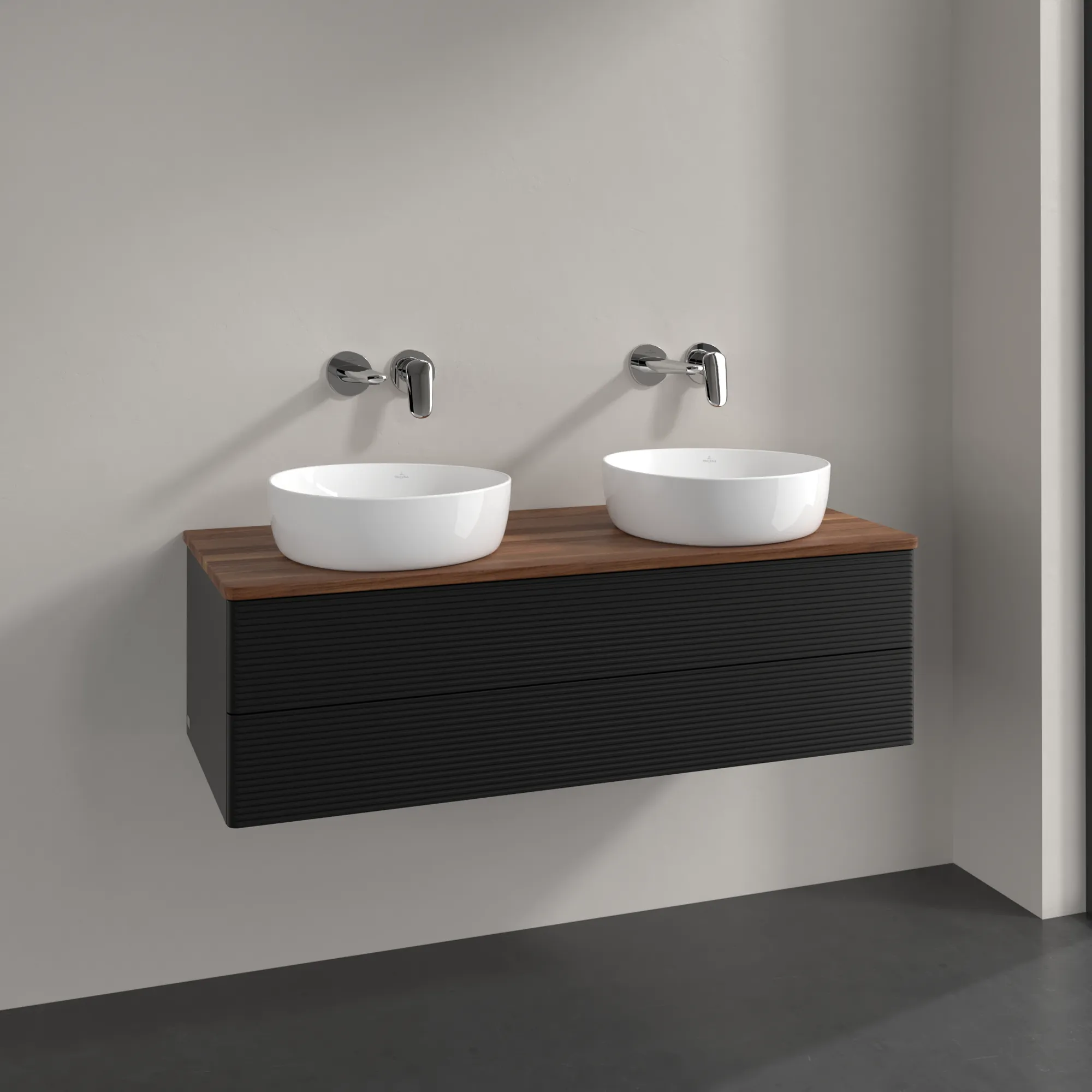 Bild von VILLEROY BOCH Antao Waschbeckenunterschrank, mit Beleuchtung, 2 Auszüge, 1200 x 360 x 500 mm, Front mit Struktur, Black Matt Lacquer / Warm Walnut #L24112PD