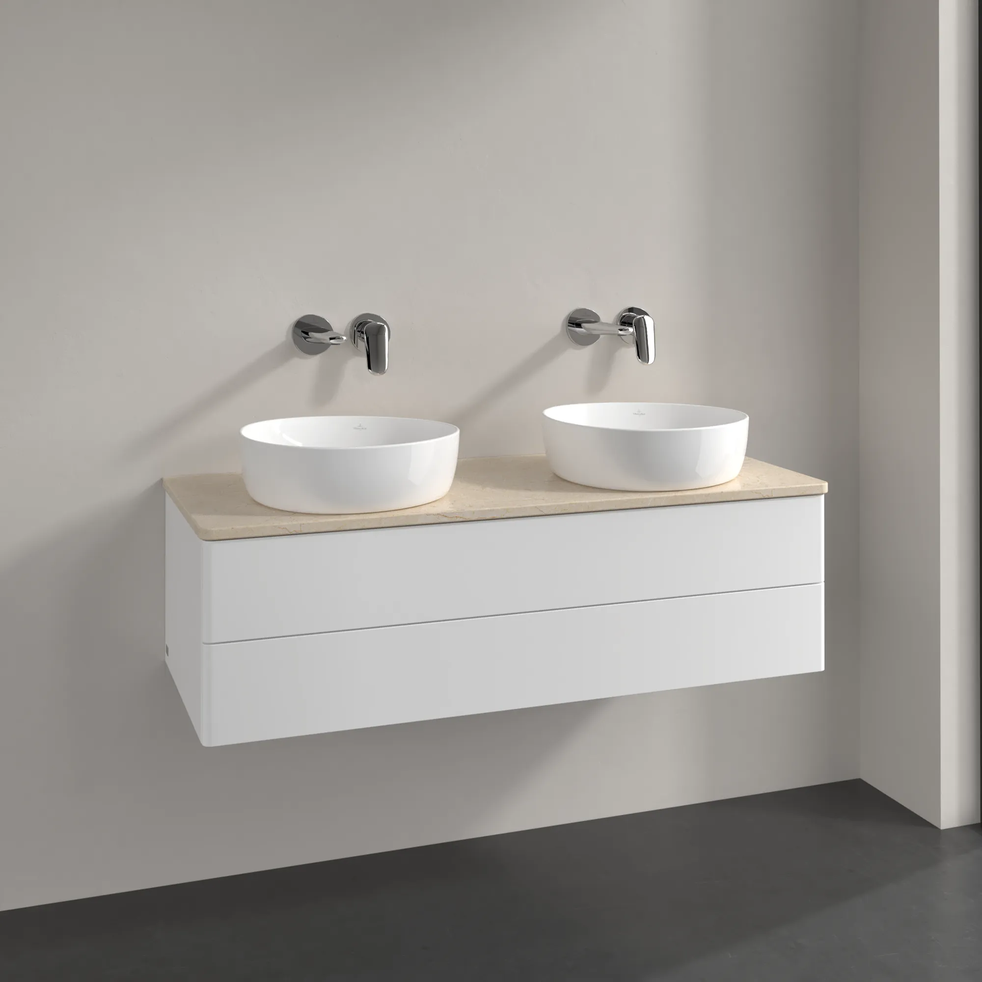 Bild von VILLEROY BOCH Antao Waschbeckenunterschrank, mit Beleuchtung, 2 Auszüge, 1200 x 360 x 500 mm, Front ohne Struktur, White Matt Lacquer / Botticino #L24013MT
