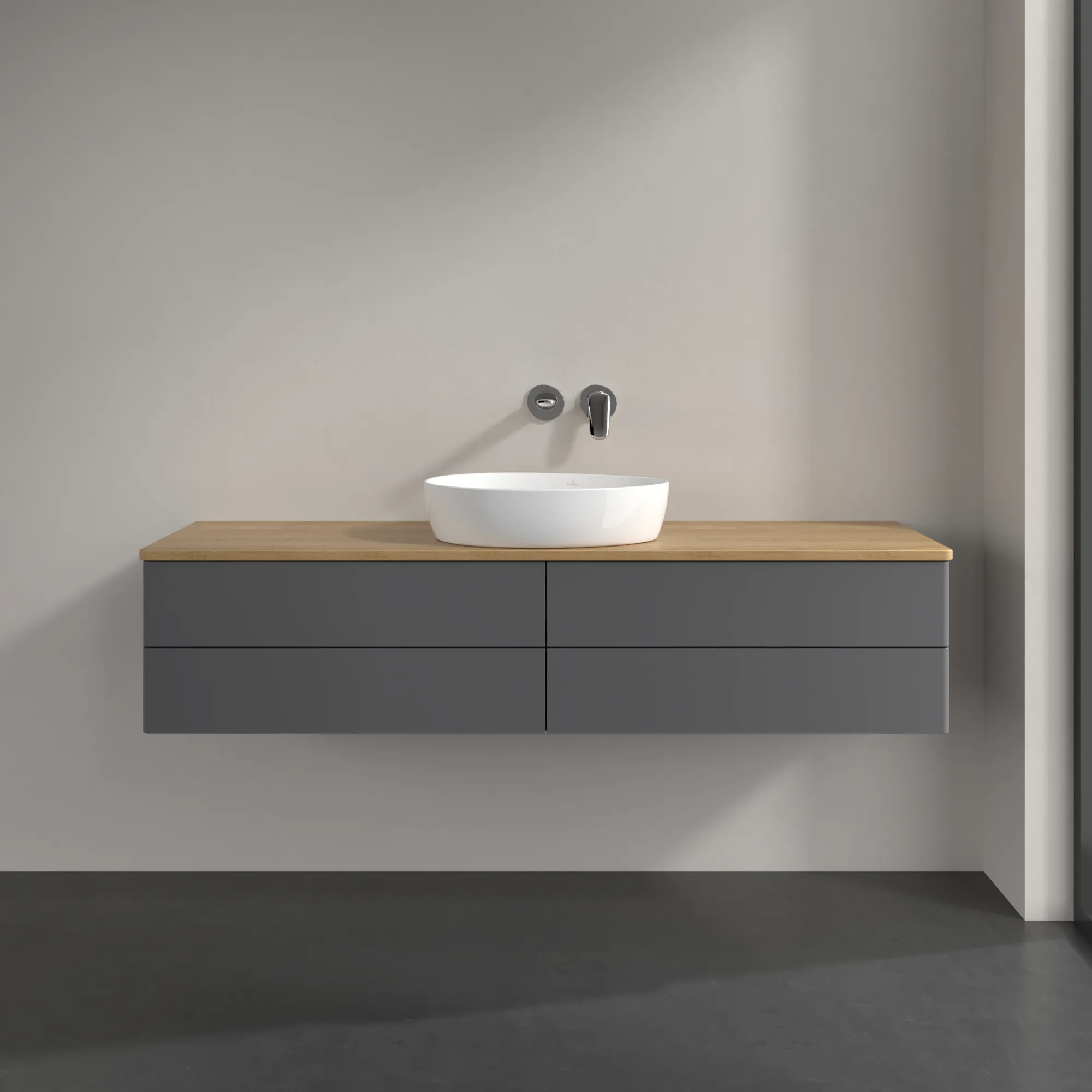 Bild von VILLEROY BOCH Antao Waschbeckenunterschrank, mit Beleuchtung, 4 Auszüge, 1600 x 360 x 500 mm, Front ohne Struktur, Anthracite Matt Lacquer / Honey Oak #L25011GK