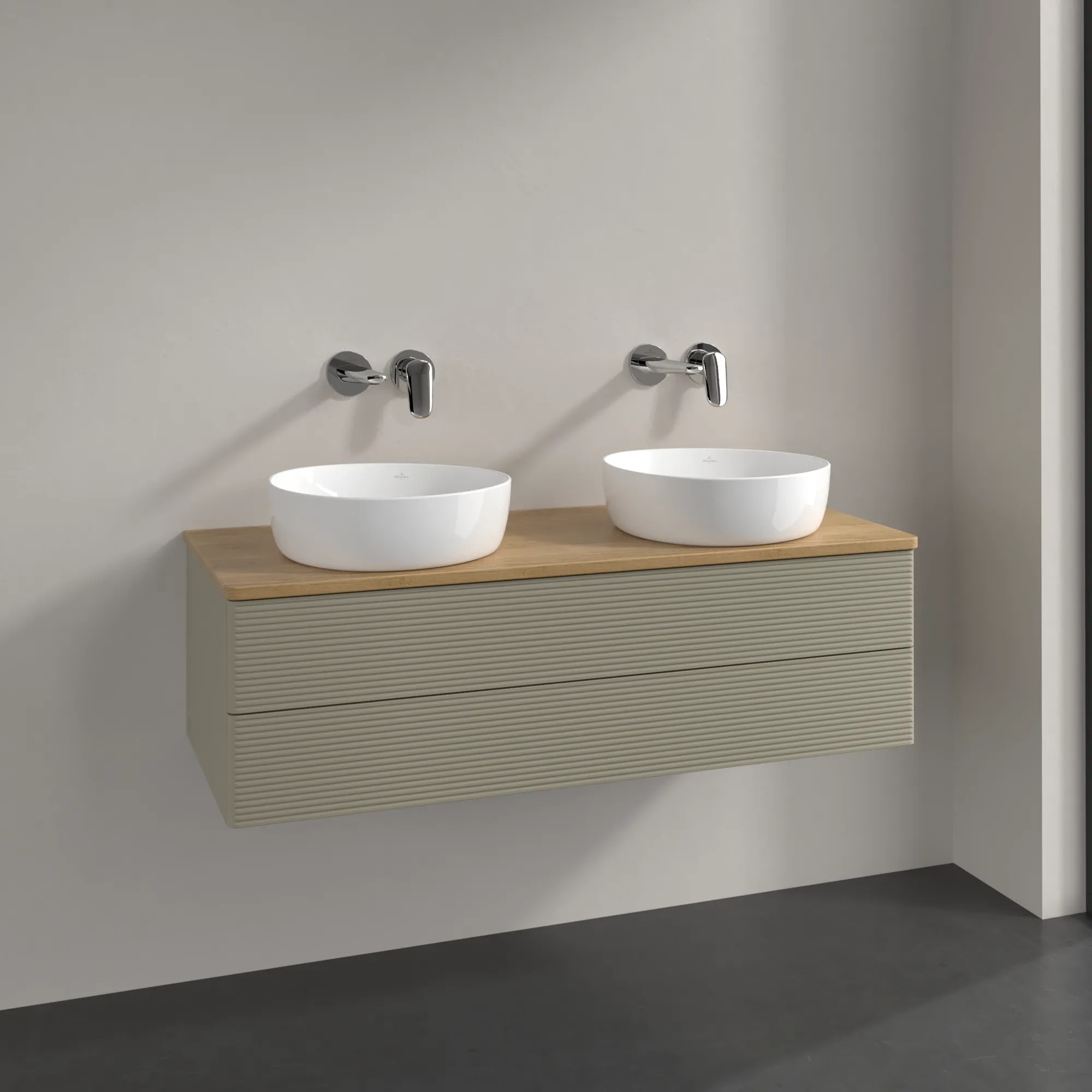 Bild von VILLEROY BOCH Antao Waschbeckenunterschrank, mit Beleuchtung, 2 Auszüge, 1200 x 360 x 500 mm, Front mit Struktur, Stone Grey Matt Lacquer / Honey Oak #L24111HK