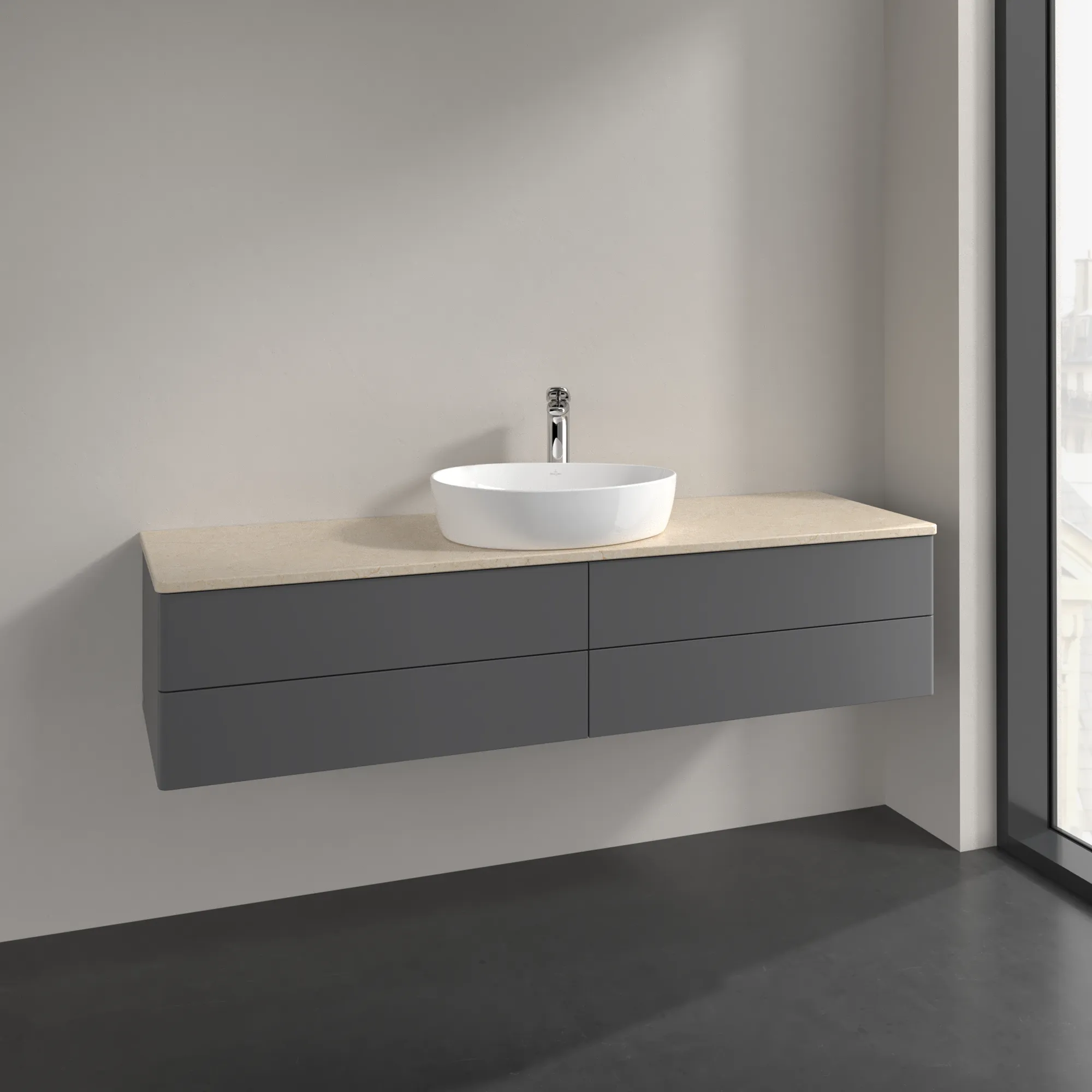 Bild von VILLEROY BOCH Antao Waschbeckenunterschrank, mit Beleuchtung, 4 Auszüge, 1600 x 360 x 500 mm, Front ohne Struktur, Anthracite Matt Lacquer / Botticino #L25053GK