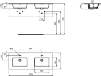 Bild von IDEAL STANDARD Eurovit Möbeldoppelwaschtisch 1215x455mm, mit 1 Hahnloch je Waschplatz, mit Überlaufloch (rund) #E053401 - Weiß (Alpin)
