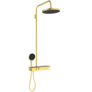 Picture of IDEAL STANDARD Ceratherm Solos thermostatic shower system with 300mm 3 function showerhead, 130mm 3 function handspray with xxl shelf, brushed gold #A7882A2 - Brushed Gold