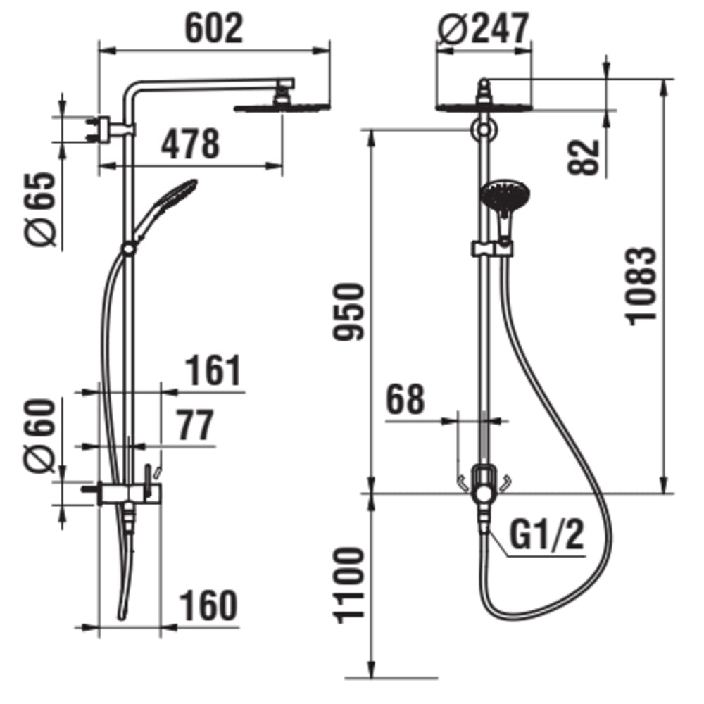 Bild von LAUFEN TWIN Showerstation für Simibox 1-Point, mit Brausenhalter TwinGliss, mit Regenbrause Ø 247 mm, mit Kunststoffschlauch 1500 mm, mit Handbrause MyTwin120 #HF980356100000