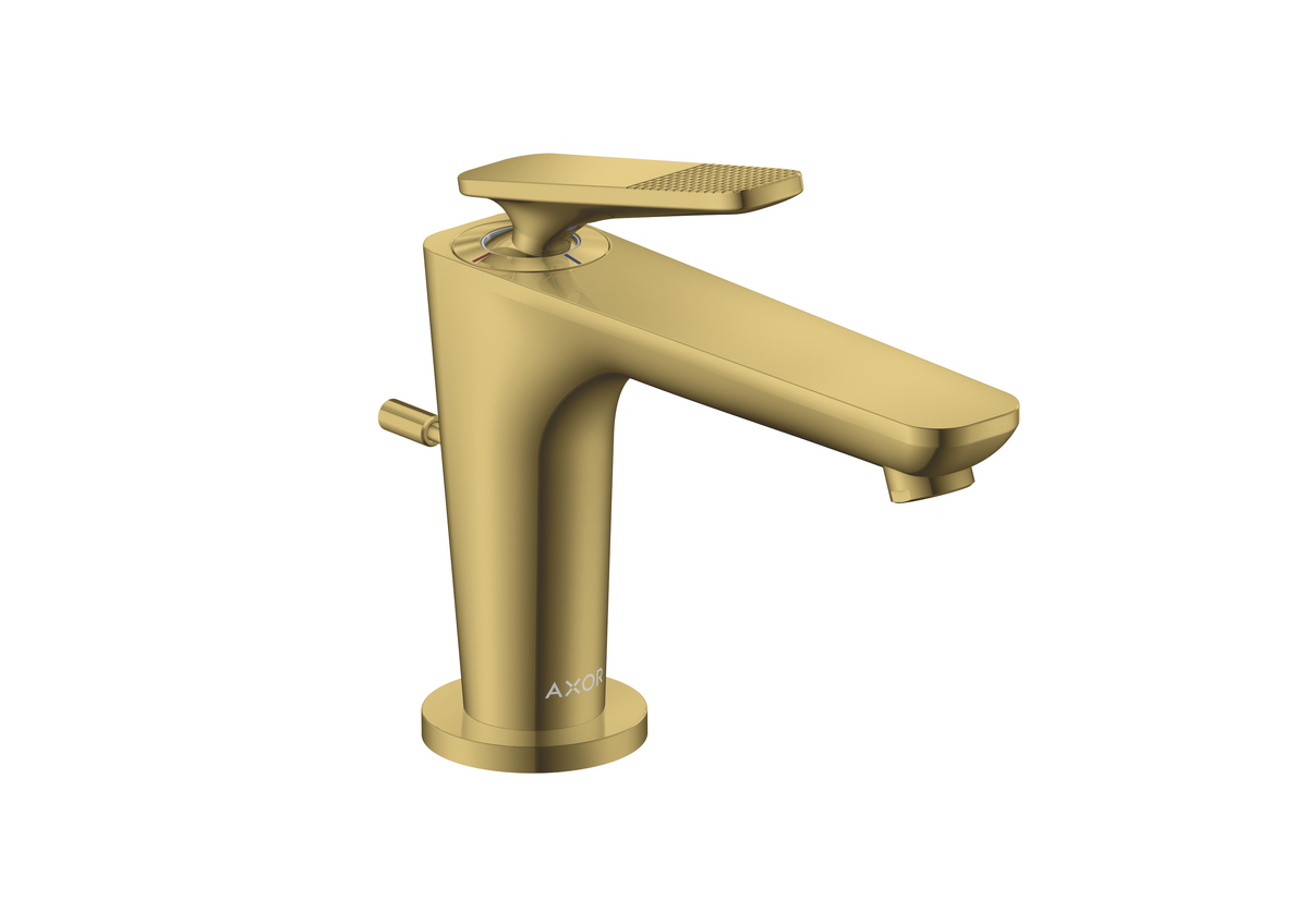Obrázek HANSGROHE AXOR Citterio C Páková umyvadlová baterie 90 s funkcí CoolStart, pro umývátka, s odtokovou soupravou s táhlem - kubický brus #49011990 - leštěný vzhled zlata