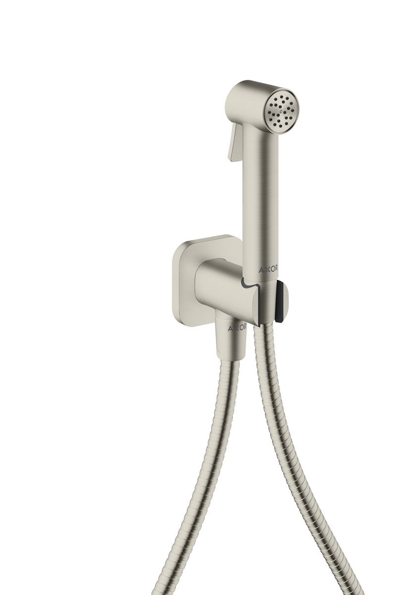 Obrázek HANSGROHE AXOR Bidette Sprchy Bidette ruční sprcha 1jet softsquare na studenou vodu s držákem sprchy a sprchovou hadicí 1,25 m #29241800 - nerezová ocel Optic