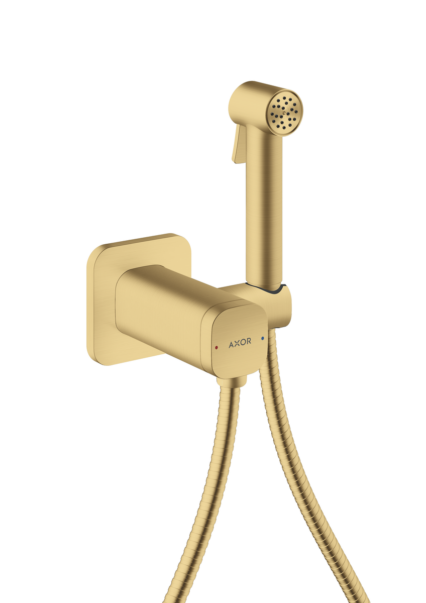 Obrázek HANSGROHE AXOR Bidette Sprchy Bidette Ruční sprcha 1jet softsquare pro smíšenou vodu s držákem sprchy a sprchovou hadicí 1,25 m #29243250 - Brushed Gold Optic