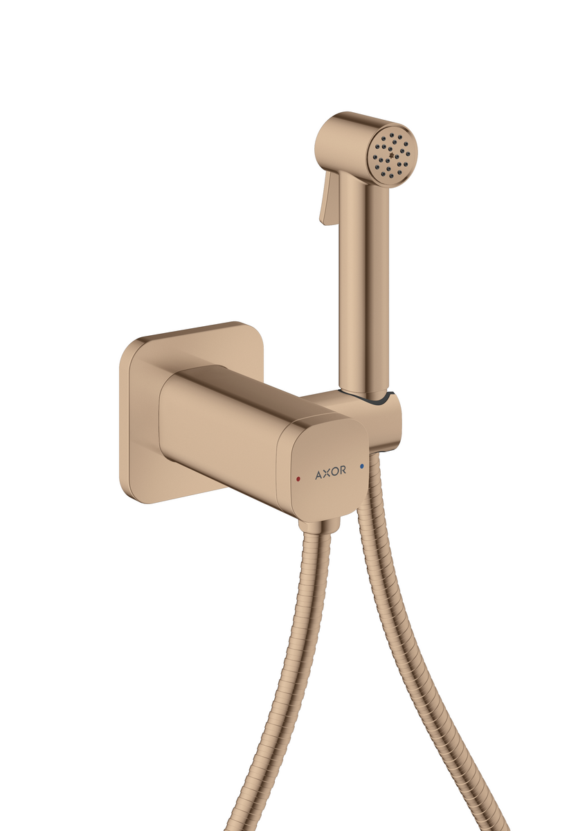 Obrázek HANSGROHE AXOR Bidette Sprchy Bidette Ruční sprcha 1jet softsquare pro smíšenou vodu s držákem sprchy a sprchovou hadicí 1,25 m #29243300 - Leštěné červené zlato