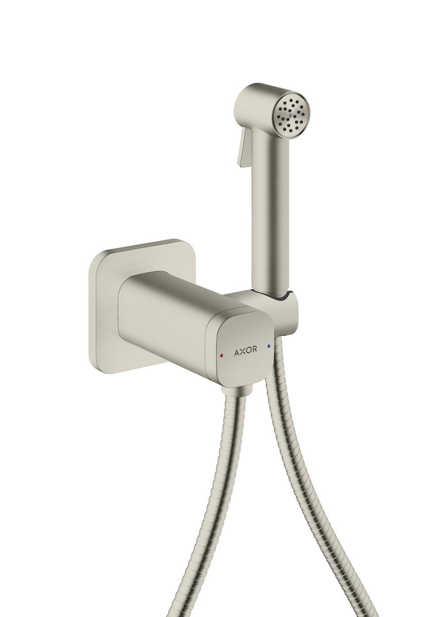 Obrázek HANSGROHE AXOR Bidette Sprchy Bidette ruční sprcha 1jet softsquare pro smíšenou vodu s držákem sprchy a sprchovou hadicí 1,25 m #29243800 - nerezová ocel Optic