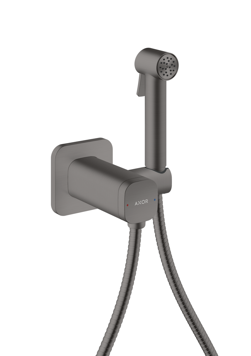 Obrázek HANSGROHE AXOR Bidette Sprchy Bidette ruční sprcha 1jet softsquare pro smíšenou vodu s držákem sprchy a sprchovou hadicí 1,25 m #29243340 - Brushed Black Chrome