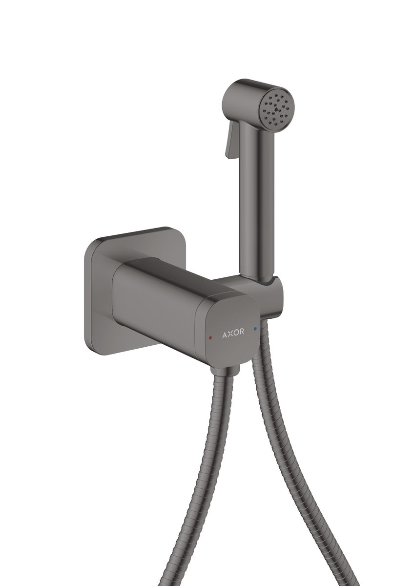 Obrázek HANSGROHE AXOR Bidette Sprchy Bidette Ruční sprcha 1jet softsquare pro smíšenou vodu s držákem sprchy a sprchovou hadicí 1,25 m #29243330 - Leštěný černý chrom