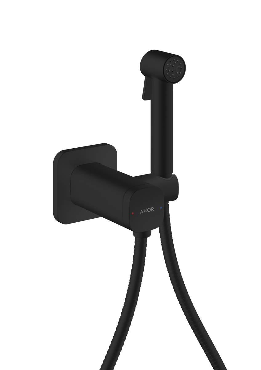 Obrázek HANSGROHE AXOR Bidette Sprchy Bidette ruční sprcha 1jet softsquare pro smíšenou vodu s držákem sprchy a sprchovou hadicí 1,25 m #29243670 - matná černá