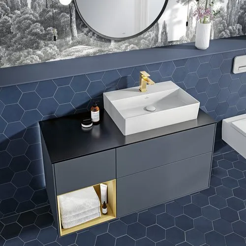 Bild von VILLEROY BOCH Finion Waschbeckenunterschrank, mit Beleuchtung, 3 Auszüge, 1200 x 603 x 501 mm, Midnight Blue Matt Lacquer / Gold Matt Lacquer / Glass White Matt #G141HFHG
