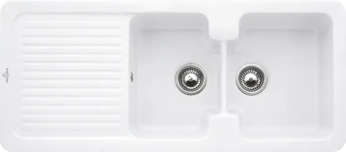 Bild von VILLEROY BOCH Subway 45 Compact Einbauspüle, inklusive Ablaufgarnitur mit Handbetätigung, aus Keramik, 650 x 510 mm, Stone White CeramicPlus #331301RW