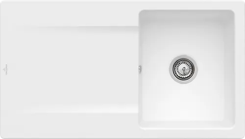 Bild von VILLEROY BOCH Siluet 50 flat flächenbündige Spüle, inklusive Ablaufgarnitur mit Handbetätigung, aus TitanCeram, 880 x 490 mm, Stone White CeramicPlus #33351FRW