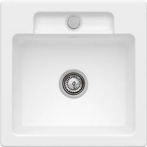 Bild von VILLEROY BOCH Siluet 50 S flat flächenbündige Spüle, inklusive Ablaufgarnitur mit Handbetätigung, aus TitanCeram, 470 x 470 mm, Stone White CeramicPlus #33451FRW