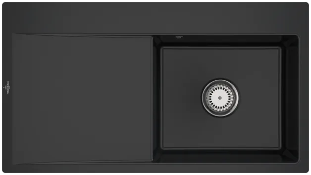 Bild von VILLEROY BOCH Subway Style 50 Flat flächenbündige Spüle, inklusive Ablaufgarnitur mit Handbetätigung, aus Keramik, 880 x 490 mm, Pure Black #33511FR7