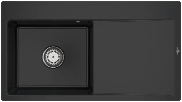Bild von VILLEROY BOCH Subway Style 50 Flat flächenbündige Spüle, inklusive Ablaufgarnitur mit Handbetätigung, aus Keramik, 880 x 490 mm, Pure Black #33521FR7