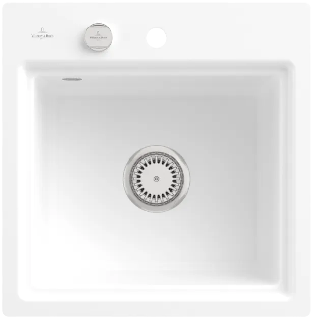 Bild von VILLEROY BOCH Subway Style 50 S Flat flächenbündige Spüle, inklusive Ablaufgarnitur mit Excenterbetätigung, Abtropfgitter, aus Keramik, 500 x 510 mm, Stone White CeramicPlus #33552FRW