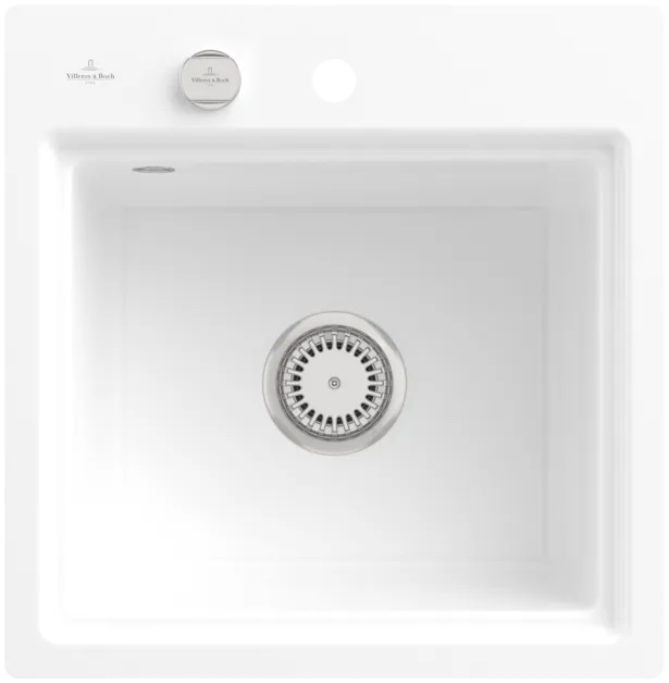 Bild von VILLEROY BOCH Subway Style 50 S Flat flächenbündige Spüle, inklusive Ablaufgarnitur mit Excenterbetätigung, Abtropfgitter, aus Keramik, 500 x 510 mm, Weiß Alpin CeramicPlus #33552FR1