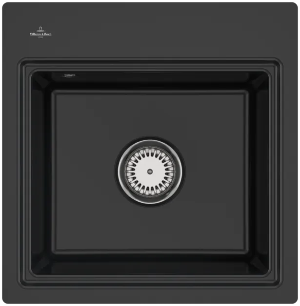 Bild von VILLEROY BOCH Subway Style 50 S Flat flächenbündige Spüle, inklusive Ablaufgarnitur mit Handbetätigung, Abtropfgitter, aus Keramik, 500 x 510 mm, Pure Black #335A1FR7