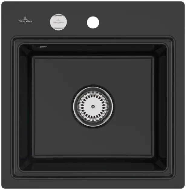 Bild von VILLEROY BOCH Subway Style 50 S Flat flächenbündige Spüle, inklusive Ablaufgarnitur mit Excenterbetätigung, Abtropfgitter, aus Keramik, 500 x 510 mm, Pure Black #335A2FR7