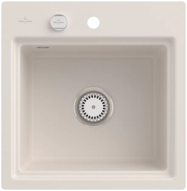 Bild von VILLEROY BOCH Subway Style 50 S Flat flächenbündige Spüle, inklusive Ablaufgarnitur mit Excenterbetätigung, Abtropfgitter, aus Keramik, 500 x 510 mm, Crema CeramicPlus #335A2FKR