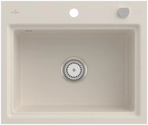 Bild von VILLEROY BOCH Subway Style 60 S Flat flächenbündige Spüle, inklusive Ablaufgarnitur mit Excenterbetätigung, Abtropfgitter, aus Keramik, 600 x 510 mm, Crema CeramicPlus #33662FKR