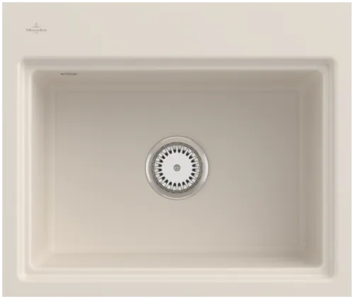 Bild von VILLEROY BOCH Subway Style 60 S Flat flächenbündige Spüle, inklusive Ablaufgarnitur mit Handbetätigung, Abtropfgitter, aus Keramik, 600 x 510 mm, Crema CeramicPlus #33661FKR