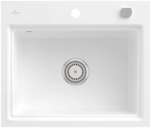 Bild von VILLEROY BOCH Subway Style 60 S Flat flächenbündige Spüle, inklusive Ablaufgarnitur mit Excenterbetätigung, Abtropfgitter, aus Keramik, 600 x 510 mm, Stone White CeramicPlus #33662FRW