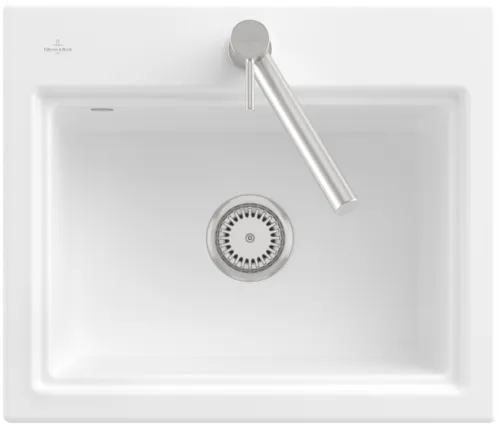 Bild von VILLEROY BOCH Subway Style 60 S Einbauspüle, inklusive Ablaufgarnitur mit Handbetätigung, Abtropfgitter, aus Keramik, 600 x 510 mm, Stone White CeramicPlus #336601RW