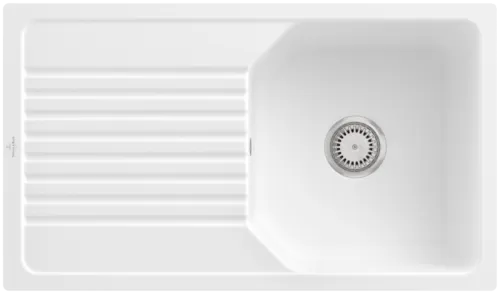 Bild von VILLEROY BOCH Linara 50 Flat flächenbündige Spüle, inklusive Ablaufgarnitur mit Handbetätigung, aus Keramik, 840 x 490 mm, Stone White CeramicPlus #33851FRW