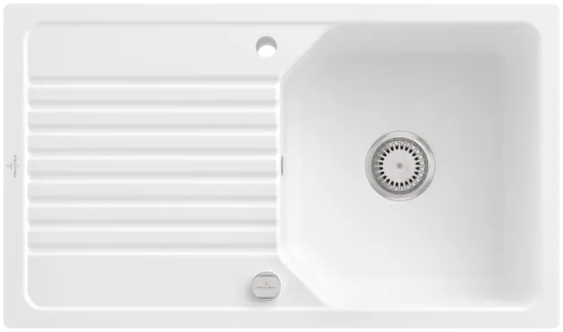 Bild von VILLEROY BOCH Linara 50 Flat flächenbündige Spüle, inklusive Ablaufgarnitur mit Excenterbetätigung, aus Keramik, 840 x 490 mm, Stone White CeramicPlus #33852FRW