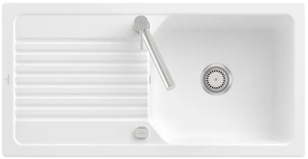 Bild von VILLEROY BOCH Linara 60 Flat flächenbündige Spüle, inklusive Ablaufgarnitur mit Excenterbetätigung, aus Keramik, 980 x 490 mm, Stone White CeramicPlus #33862FRW