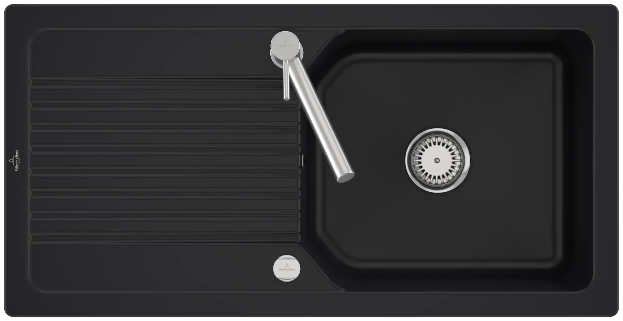 Bild von VILLEROY BOCH Linara 60 Flat flächenbündige Spüle, inklusive Ablaufgarnitur mit Excenterbetätigung, aus Keramik, 980 x 490 mm, Pure Black #33862FR7