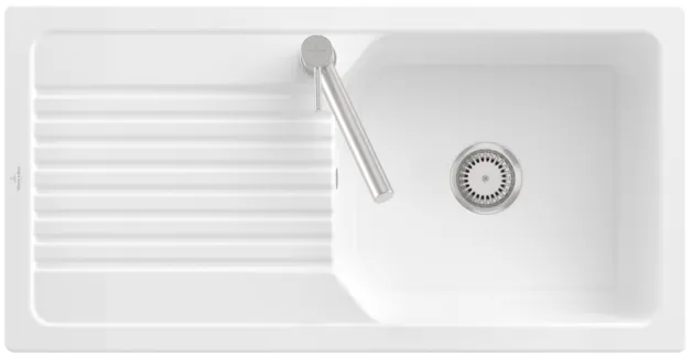 Bild von VILLEROY BOCH Linara 60 Flat flächenbündige Spüle, inklusive Ablaufgarnitur mit Handbetätigung, aus Keramik, 980 x 490 mm, Snow White CeramicPlus #33861FKG