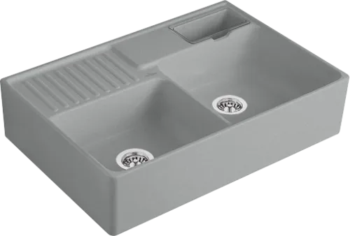 Bild von VILLEROY BOCH Spülstein Doppelbecken Spülstein Doppelbecken, inklusive Resteschale, Ablaufgarnitur mit Handbetätigung, Befestigungsset, aus Keramik, 895 x 630 mm, Stone CeramicPlus #632391SL