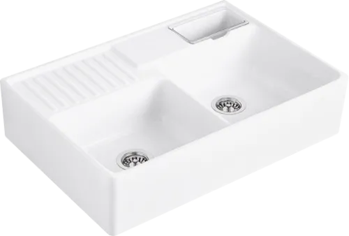 Bild von VILLEROY BOCH Spülstein Doppelbecken Spülstein Doppelbecken, inklusive Resteschale, Ablaufgarnitur mit Handbetätigung, Befestigungsset, aus Keramik, 895 x 630 mm, Stone White CeramicPlus #632391RW