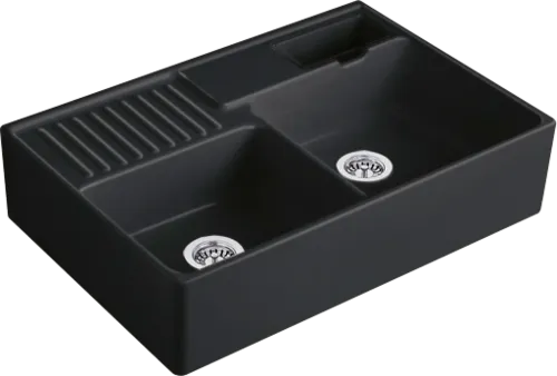 Bild von VILLEROY BOCH Spülstein Doppelbecken Spülstein Doppelbecken, inklusive Resteschale, Ablaufgarnitur mit Handbetätigung, Befestigungsset, aus Keramik, 895 x 630 mm, Pure Black #632391R7