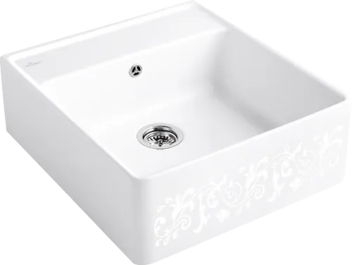 Bild von VILLEROY BOCH Spülstein Einzelbecken Spülstein Einzelbecken, inklusive Ablaufgarnitur mit Handbetätigung, Befestigungsset, aus Keramik, 595 x 630 mm, White Pearl CeramicPlus #632061KT