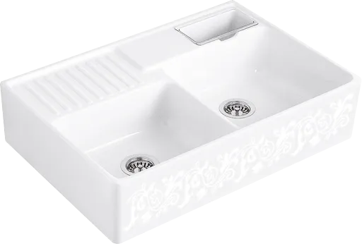 Bild von VILLEROY BOCH Spülstein Doppelbecken Spülstein Doppelbecken, inklusive Resteschale, Ablaufgarnitur mit Excenterbetätigung, Befestigungsset, aus Keramik, 895 x 630 mm, White Pearl CeramicPlus #632392KT