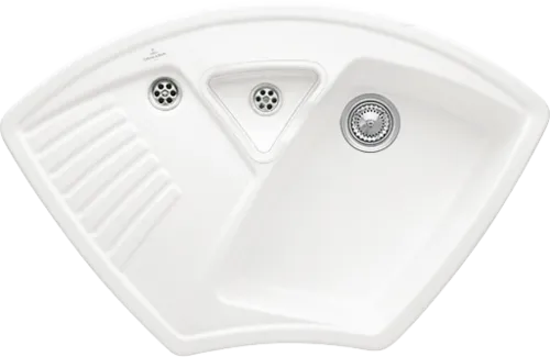 Bild von VILLEROY BOCH Arena Eck Eckspüle, inklusive Resteschale, Ablaufgarnitur mit Handbetätigung, aus Keramik, 975 x 625 mm, Stone White CeramicPlus #672901RW