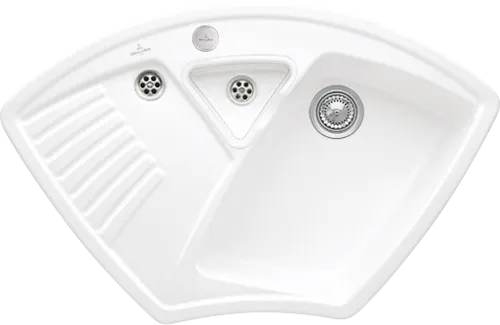 Bild von VILLEROY BOCH Arena Eck Eckspüle, inklusive Resteschale, Ablaufgarnitur mit Excenterbetätigung, aus Keramik, 975 x 625 mm, Snow White CeramicPlus #672902KG