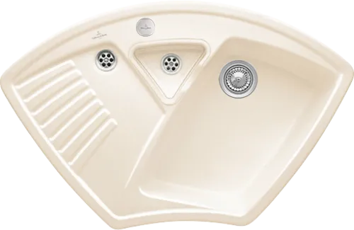 Bild von VILLEROY BOCH Arena Eck Eckspüle, inklusive Resteschale, Ablaufgarnitur mit Excenterbetätigung, aus Keramik, 975 x 625 mm, Crema CeramicPlus #672902KR