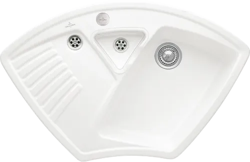 Bild von VILLEROY BOCH Arena Eck Eckspüle, inklusive Resteschale, Ablaufgarnitur mit Excenterbetätigung, aus Keramik, 975 x 625 mm, Stone White CeramicPlus #672902RW
