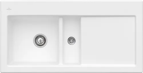 Bild von VILLEROY BOCH Subway 60 flat flächenbündige Spüle, inklusive Ablaufgarnitur mit Handbetätigung, aus Keramik, 965 x 475 mm, Stone White CeramicPlus #67701FRW